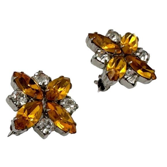 Vintage Rhinestone Sweater Pins Scatter Pins Orange Citrine Marquis Floral - Picture 6 of 6